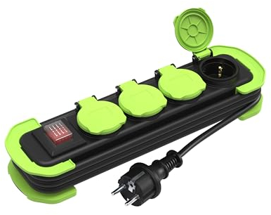 MutecPower Regletas enchufes IP44 regleta 4 enchufes con Interruptor para Exterior, alargador con 4 Tomas Contacto de protección con Tapas y Cable Enrollable de 1.4m 16A/250V H05RR-F3G1,5 Negro/Verde