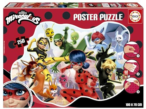 Educa - Poster Puzzle Enfant de 250 pièces avec Une Forme extérieure particulière et de Grandes Dimensions : 100 x 70 cm | Ladybug. Contient Environ de la Colle Fix Puzzle (19970)