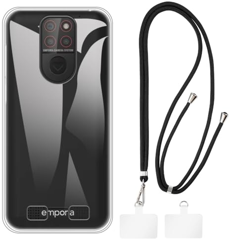 Shantime Hülle und Lanyard für Emporia Smart 5 Mini - Klar+Schwarz | 4.59 Set inklusive Schutzhülle und abnehmbarem Nackengurt mit Metallverschlüssen und 2 Aufnähern