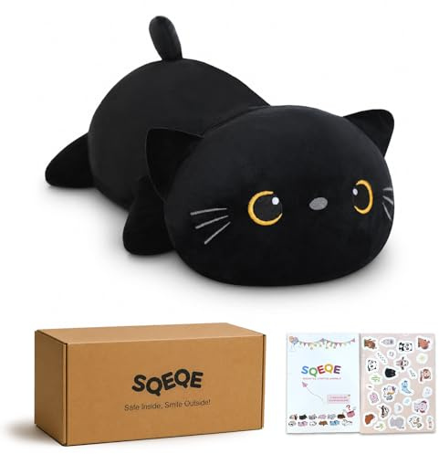 SQEQE Beschwerter schwarzer Katzen-Plüsch, beschwertes schwarzes Katzen-Stofftier gegen Angst, niedliches Plüsch, weiches Kissen, Spielzeug, Geschenk für Kinder und Erwachsene 35 cm