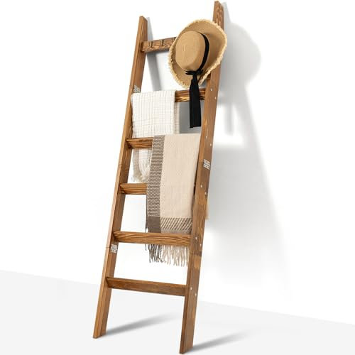TEAKMAMA 6-stöckige Deckenleiter mit Haken, 150 cm, Wandanlehnung, Deckenleiter für Wohnzimmer, rustikale dekorative Leiter für Decken, Steppdecken, Bauernhaus-Dekor-Leiter, einfache Montage,