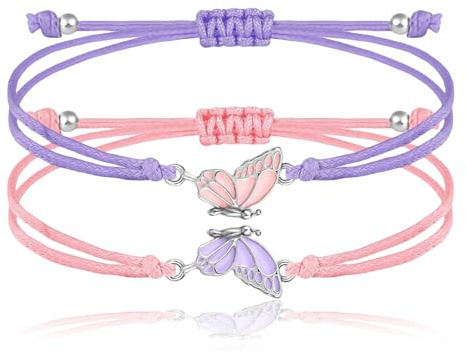 Nayyana 2 Stück BFF-Armbänder, passende Schmetterlingsarmbänder, verstellbares Armband für Beste Freunde, handgefertigte Charm-Freundschaftsarmbänder, Schmuckgeschenke, Lila+Rosa