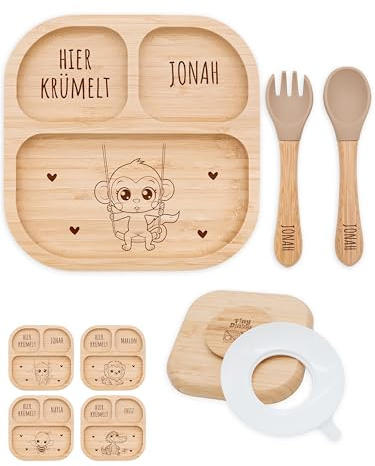 Bärenfreunde® - Personalisierter Baby Teller mit Saugnapf - Praktisches Beikost Zubehör Säugling mit Namen - Kinder Teller Rutschfest - Personalisierte Geschenke Baby (Affe)