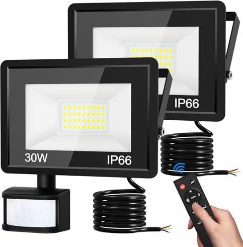 vighep Proyector LED con Sensor de Movimiento Exterior, 30W Superbrillante Foco LED con Mando a Distancia, IP66 Impermeable, Luz Externa 6500K Blanco Frío para Jardín Garaje Patio Pared - 2 Unidades