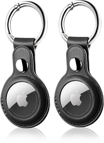 LETREEN 2-pack kompatibel med Apple Air-Tag hänge, läderfodral fodral med nyckelring (svart)