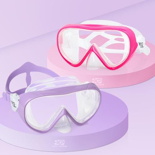 Barn dykglasögon 180° panorama barn snorkelmask, anti-dimma dykmask härdat glas simmask pojke silikon dykmask flicka simglasögon med nässkydd 4–16 (rosa + lila 2 st)