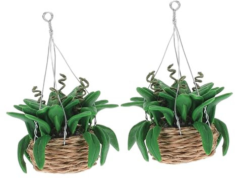 GARVALON 2pcs Scale Miniature Bonsai for Dollhouse Artificial Greenery Hanging Plant Pots Fairy Garden Accessories