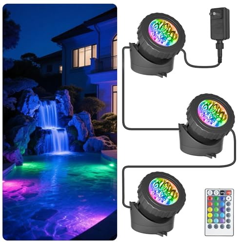 T-SUN LED Pond Light, 3 Head Lamps Submersible LED Pond Lights Color Changing Garden Pond Light with Remote Control, RGB Fish Tank Lights Fountain Spotlight for Garden, Pool, Aquarium Tank(3 Headlamp)