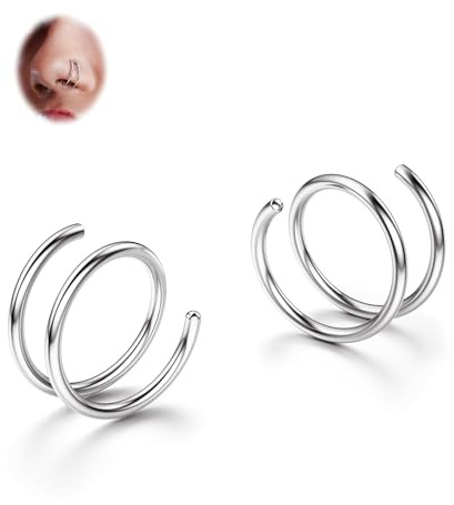 BodyBonita - 2 Aros Nasales Dobles de Acero Inoxidable 316L Suavizados para Piercings Individuales 20G Aros Nasales Flexibles con Espiral para Mujer Plata 10 mm