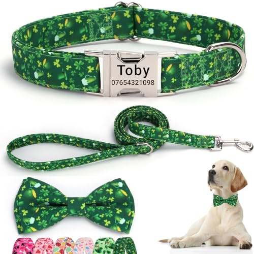 SEOUGEE St. Patrick's Day Hundehalsband, personalisierbar mit Fliege und Leine, verstellbare Hundehalsbänder und Leine aus Baumwolle, mit gravierter Metallschnalle für kleine Hunde (Kleeblattgrün,