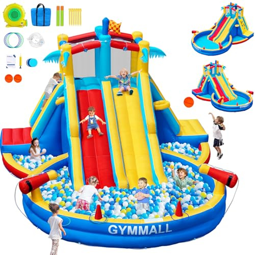 GYMMALL Toboggan Gonflable d'eau avec souffleur 550 W, Parc Aquatique Gonflable 8 en 1 pour Enfants, intérieur/extérieur, avec Grande Piscine, Doubles toboggans et Doubles Murs d'escalade