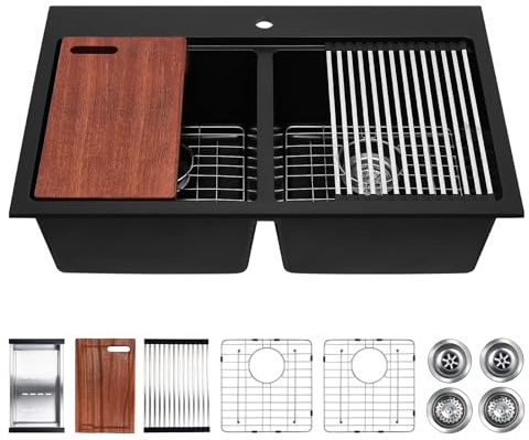 Davivy 33 Inch Black Drop in/Top Mount Double Bowl Kitchen Sink, 50/50 Split Black Granite Composite Double Kitchen Sink Workstation, Deep Double Bowl Design with Accessories