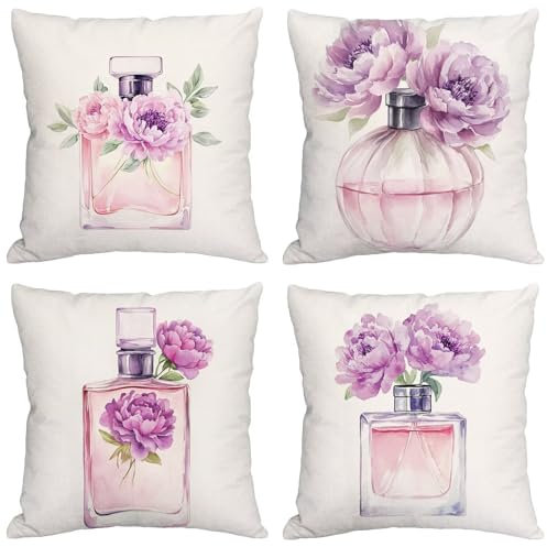 Kissen Weiss Kissenbezug 70x70 cm Groß Kissen 4er Set Wetterfest Leinen Kissenhüllen Blumen Pillow Quadratische Cushion Covers für Garten Sofa Wohnzimmer Schlafzimmer Bett Büro Zuhause Dekor m-8