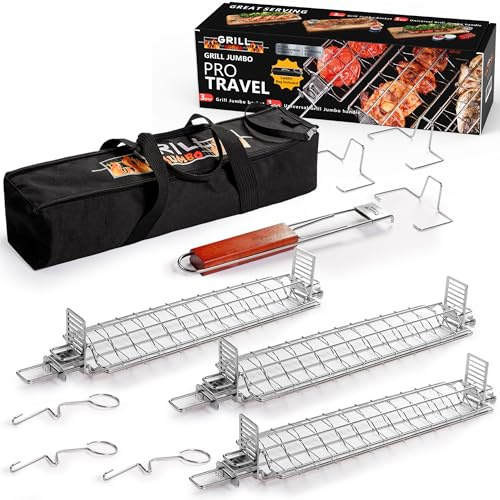 GRILL JUMBO Pro Set – 3 Verstellbarer Grillkorb mit Doppel-Gittereinsatz aus Edelstahl für Holzkohlegrill, Gasgrill, Tandoor, BBQ, Smoker – Für Innen- und Außenbereich (3 Grillkorb)
