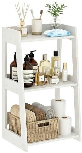 POBOMULI 3-Tier Bathroom Ladder Shelf Freestanding, White Floor Shelves Open Shelving Unit, Small Bookshelf Nightstand for Home Study Laundry Room (11.8 D x 15.7 W x 27.6 H)