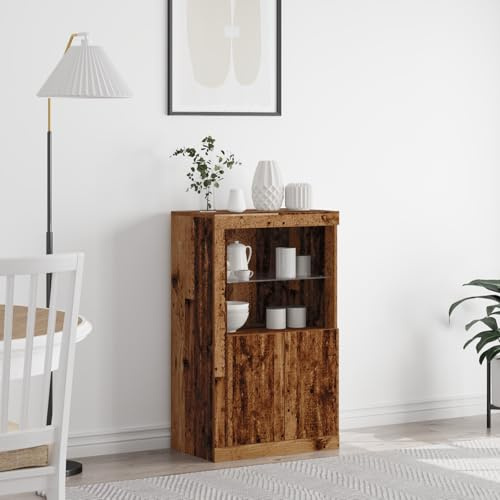Qnhdfrt Armoire de rangement avec LED en bois recyclé - Marron - 60,5 x 37 x 100 cm - 2 portes et 2 étagères - Organiseur de rangement pour garage, buanderie