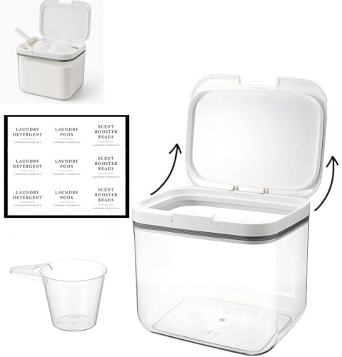 Yitobici Waschpulver Aufbewahrungsbox,Waschmittelbox,Waschpulver box,4.5l | Inklusive Etikett, waschmittel dosierer und Deckel, Geeignet für Waschmittelkapseln, Waschmittel und Mehl, Transparentweiß