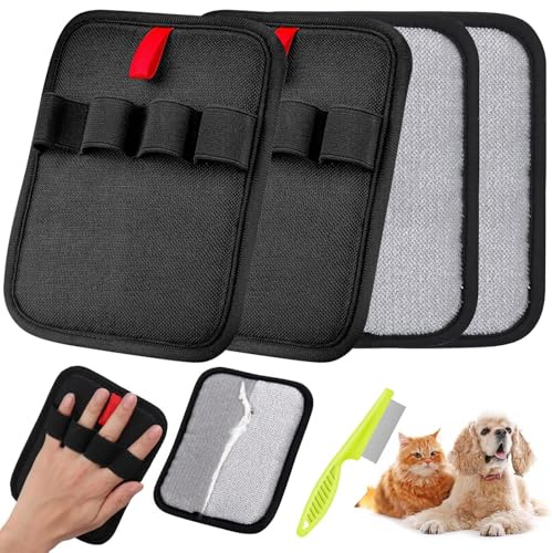 Pack of 4 Fur Magnet, Pet Hair Remover Glove with Flea Comb, Reusable Antistatic Gloves, Cat Hair Remover Glove for Care Removal Undesirable for Smooth, Healthy Fur