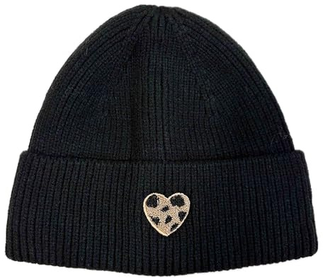 J26 Wintermütze Strickmütze mit Herz Leopard Symbol Winter Hut Mütze Unisex Beanie Viskose