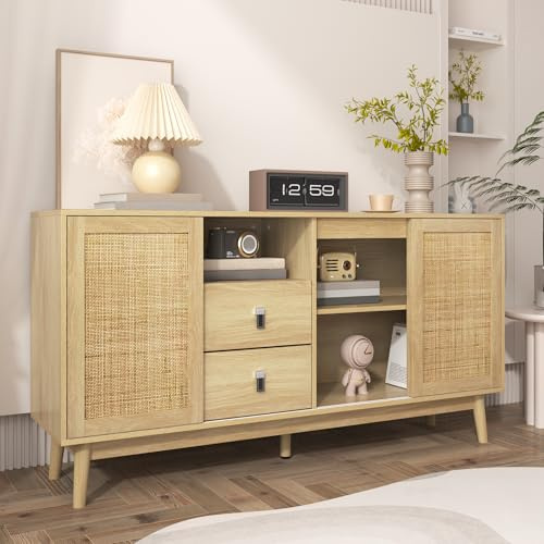 OKMYHOME Meuble de Rangement, Buffet en Bois avec 3 Portes coulissantes en rotin et 2 Tiroirs, pour Salon et Salle à Manger, 155 x 38 x 80 cm, Couleur du Bois