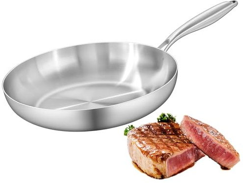 Padella in acciaio inox, 30 cm, a triplo strato, in acciaio inox, a induzione, universale, adatta per tutti i tipi di piatti, forno e lavastoviglie