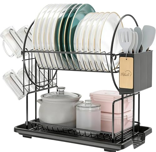 Ribech Égouttoir à Vaisselle 2 Niveaux Noir en Acier Inoxydable, avec Porte-Couverts et Bac de Récupération d'eau, Compact et Anti-Rouille pour Cuisine