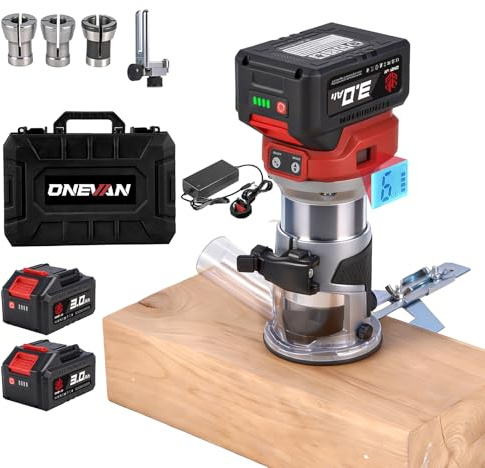 Cordless Wood Router Palm Router Tool- Brushless Router Trimmer with Digital Display, 6-Speed, 30mm Depth Adjustment, Aluminium Base, 2×3.0Ah Batteries, (6/6.35/8) mm Collets for Woodworking