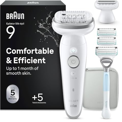Braun Epilierer Damen Silk·épil 9, Ladyshaver, 9-141, Weiß/Silber | Haarentferner für Langanhaltende Haarentfernung, Nass Und Trocken Anwendbar, Wasserdicht, Inkl. Rasieraufsatz,Trimmeraufsatz