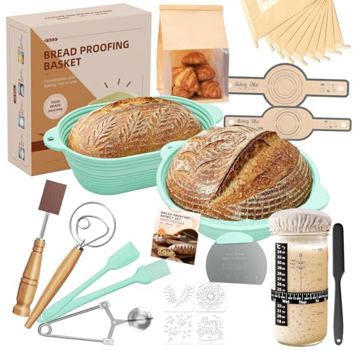 MQFORU Sourdough Starter Kit, 30Pcs Complete Bread Baking Set, 28cm Round & 29cm Proofing Basket, Easy to Fold Washable, Microwave-Safe, Perfect for Home Bakers Beginners