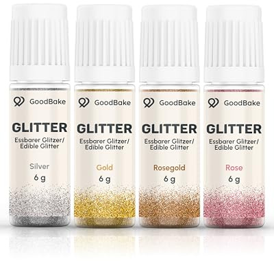 GoodBake Essbarer Glitzer Set 4 x 6 g | Gold, Silber, Rosa & Rosegold | Zuckerfrei & geschmacksneutral | Glitzer für Getränke, Cocktails, Torten mit Lebensmittelfarbe Pulver | Edible Glitter