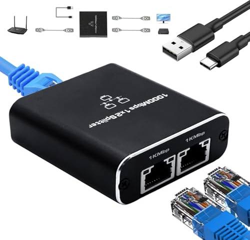 GNUADZ LAN Splitter 1 to 2, 1000 Mbps Gigabit Ethernet Splitter 2 Port | Aluminum Housing Network Switch with Type-C Power Cable, for Computer, Hub, Router, Modem, Set-Top Box, Cat 5/5e/6/7/8