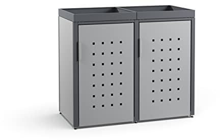 MEISTERBOX – 2er Mülltonnenbox Mülltonnenverkleidung mit Pflanzdach - 120L - Korpus Signalgrau/Pfosten & Dach Anthrazit