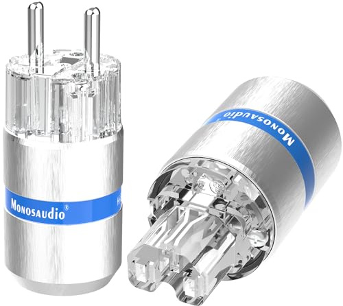 Monosaudio Paar HiFi Schuko Stecker & IEC C15 Anschluss High-End Kaltgeräte-Stecker Buchse Steckdose 16A 250V Audiophiler Netzstecker Kupplung (Rhodiniert, Aluminium-Schale, E107R/F107R)
