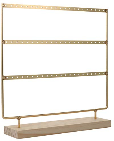 BESTonZON Ohrringhalter Schmuckständer Eisen Schmuckregal Holzbasis Schmuckaufbewahrung Ständer Ohrring Halsketten Organizer Schminktisch Desktop Aufbewahrung Juwelier Schaufenster Golden