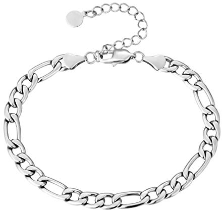 KRKC&CO 7mm Figaro Fußkettchen Fußkette Weißgold beschichtet Damen Fußkettchen Figaro Armband Länge verstellbar Fußspange Sommer Fußband Unisex Figarokette Armband Geburtstag Geschenk
