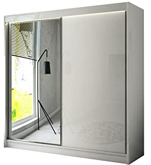 ALTDECOR Kleiderschrank mit Spiegel und Schiebetüren, kugelgelagerte Führungsschienen und Aluminium-Leisten, LED-Beleuchtung (weiß + 16 Farben) und Fernbedienung - VESLI - 200 cm Weiß/Lacobel Weiß