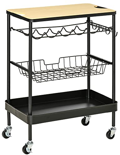 HOMCOM Chariot de Cuisine à roulettes Chariot de Service Polyvalent avec Porte-Bouteilles Plateau à Panier extractible et 4 Crochets pour Salle à Manger Salon 60,5x35,5x75 cm Noir & Chêne