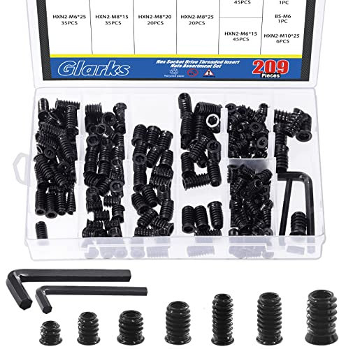 Glarks 208Pcs M6 M8 M10 Threaded Inserts Nuts Zinc Plated Carbon Steel Hex Socket Drive Furniture Flanged Screw-in Nut with M6 M8 Hex Wrench for Wood Furniture Screw