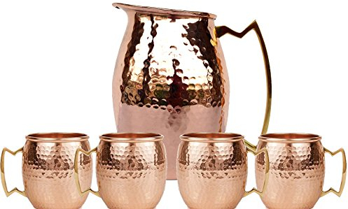 Devyom Handicrafts Krug aus reinem Kupfer, gehämmert, Moskau-Mule-Wasserkrug aus Kupfer, schwer, massiv, gehämmert, mit 4 Bierweinbechern