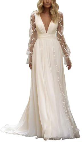 Frauen Boho Spitze Brautkleider für Braut Langarm V-Ausschnitt A-Linie Hochzeitskleider mit Zug,Elfenbein 13,DE42