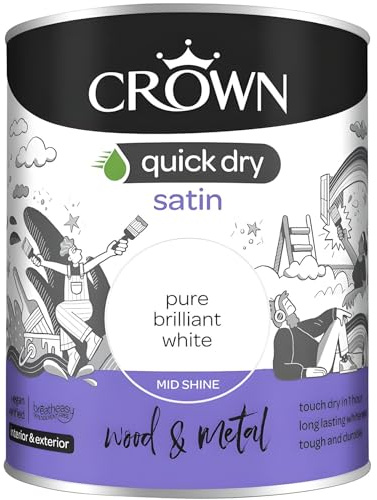 AMK® Crown Quick Dry Satin Paint 750ml Pure Brilliant White Water Based Interior Wood Metal Finish Low Odour Non Yellowing Durable Wipeable Mid Sheen Trim Skirting Doors Frames
