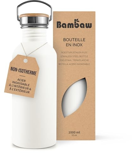 Bambaw Gourde Métal 1l - Bouteille d'Eau Blanche Réutilisable Non-Isotherme, Sport et Inox - Acier Inoxydable Blanc Polaire