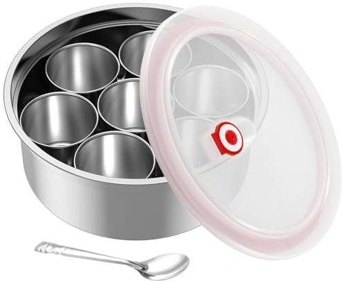 Gatphy Authentic Indian Spice Tin Stainless Steel Large Curry Cooking Spice Tiffin Tin Box Kitchen Masala Container 7 Removable Compartments Storage Set See through Lid