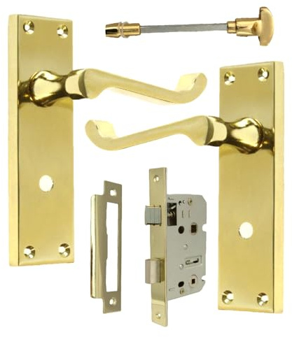 DISCOUNT HARDWARE UK Door Handle Sets, Victorian Scroll Brass Door Handles with Lock and Key, Bedroom Door Handle, External Door Lock and Handle Set (Bath Handle)