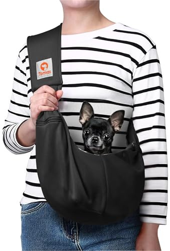 Tomkas Dog Carrier Sling - Pet Carrier for Small Dogs and Cats, Adjustable Strap, Zip Pocket, Snap Closure (Black, S - Adjustable Strap EU)