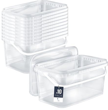 BenBow Secchio rettangolare con coperchio 10x 5l trasparente - adatto al contatto con alimenti, contenitore di plastica impilabile con manico - vuoto