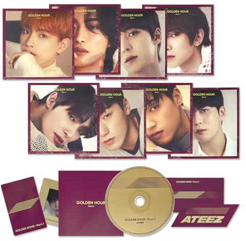 ATEEZ - 10th Mini Album [GOLDEN HOUR : Part.1] (Digipack Ver. - Random Ver.) Cover + Photobook + Disc + Logo Sticker + Bookmark + Slide Film + Photocard + 2 Pin Badges + 4 Extra Photocards