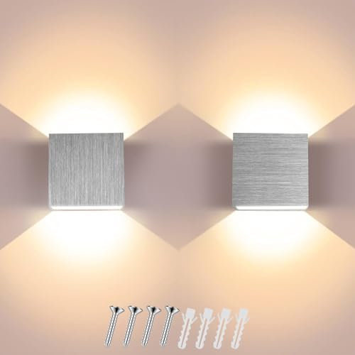Svitzoot 2 Piezas Aplique LED de Pared Interior Moderna 7W Plateado Decorativo Blanco Cálido 3000K Lámpara para Dormitorio Pasillo Escaleras