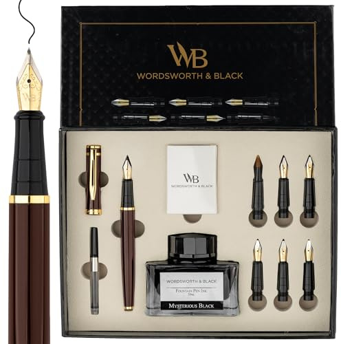 Wordsworth & Black Kalligrafipresentset Lyx, 6 Spetsar, Brun Guld | Kalligrafipenna, Bläckflaska + 6 Bläckpatroner, Omvandlare, Dagboksskrivande, Present till Män & Kvinnor, Hög Kvalitet