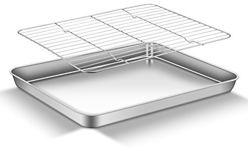 APLKER Teglia da Forno con Griglia di Raffreddamento in Acciaio Inox, Teglie per Pizza Antiaderente Teglia Rettangolare per Pane, Biscotti, Pizza e Torte, 40,5 x 30,5 x 2.5 cm (1+1)